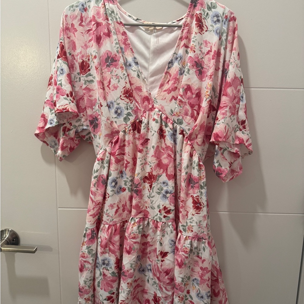 Entro Floral V-Neck Dress with Red and Green Accents